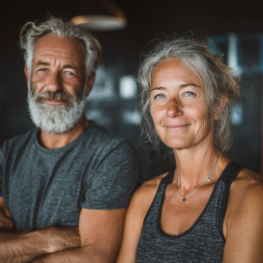 Seniori practicând yoga în natură
